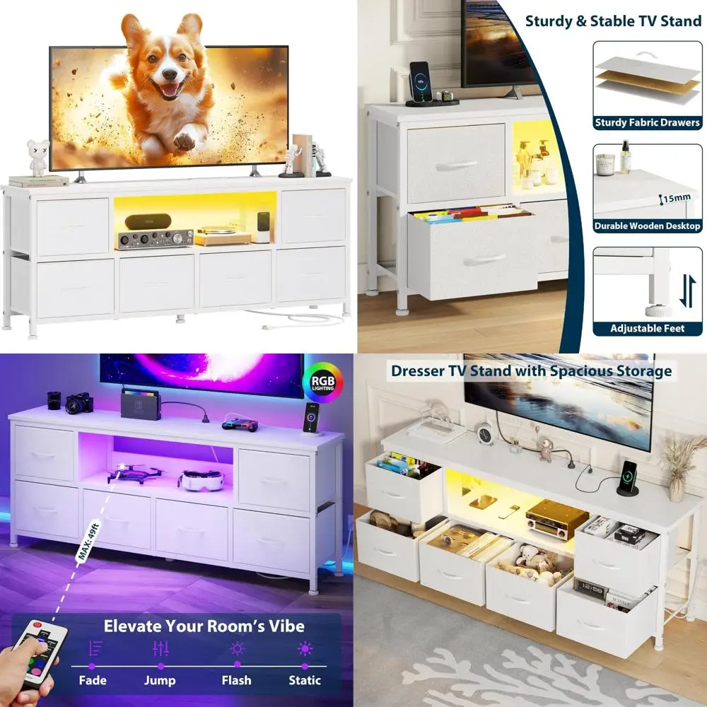 

Modern TV Stand for Living Room, Bedroom Dresser with 6 Fabric Drawers, 43-60in TV Stand with Power Outlet, Entertainment Furnit