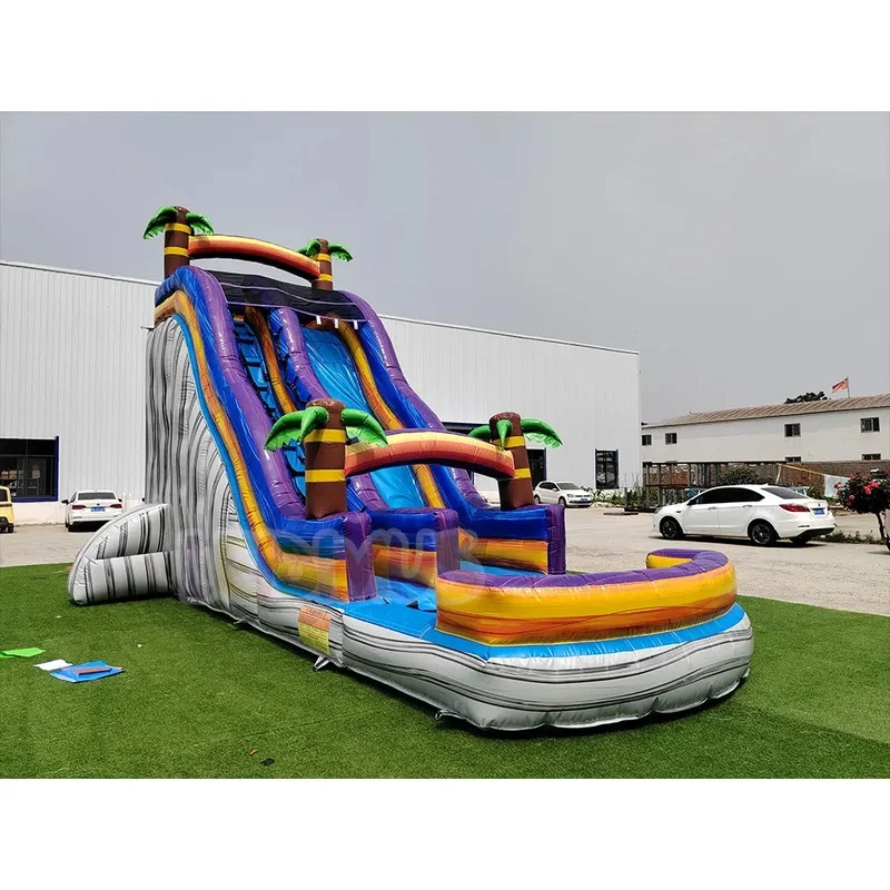 Commercial Tropical Palm Tree Inflatable Water Slide With Pool Marble Color Large PVC Water Slide for Kids Adults Party