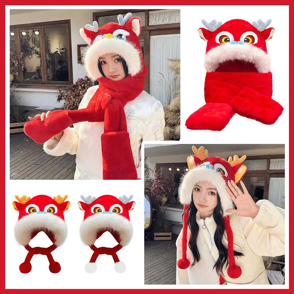 

Lovely Ear Muffs Lion Dance Beanies Hat Lace Up Thickened Pullover New Year Warm Chinese Scarf Plush Style Cap Hat Winter H C5L5