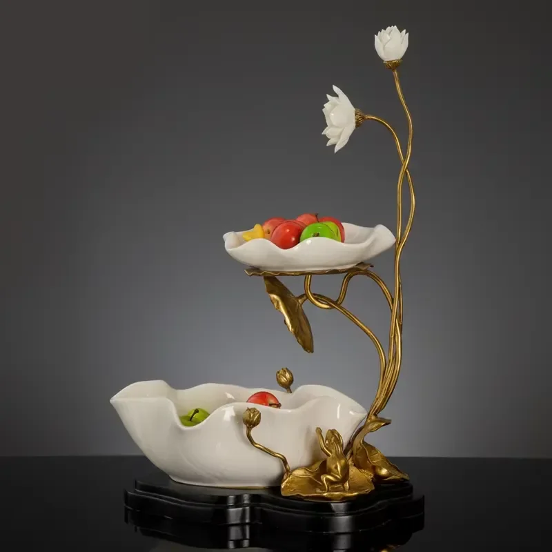 Elegant Double Layer Ceramic Fruit Plate Ceramic Fruit Bowl Gold Lotus Flower Frog Figurine Chinoiserie Centerpiece Home