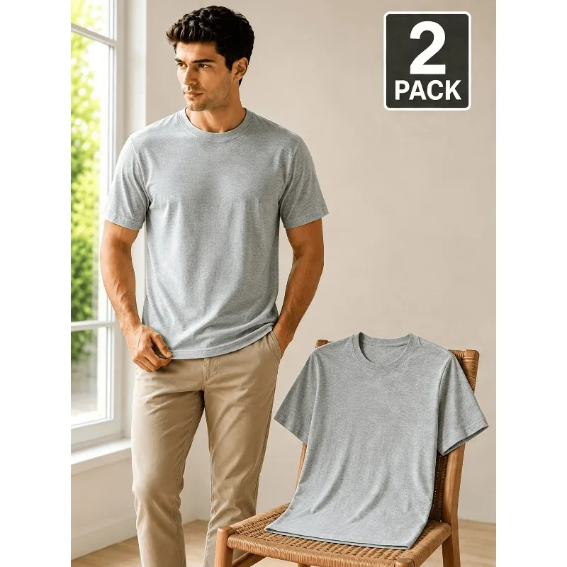 Men's 2-piece Round Neck Short Sleeved T-shirt, Solid Color Without Pattern Base, Standard Version