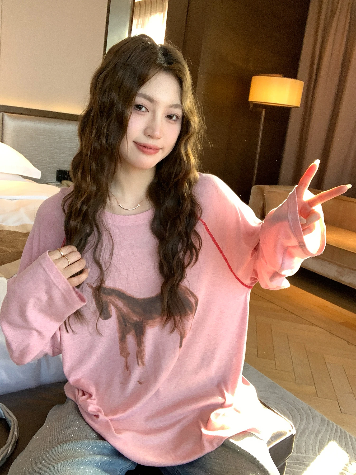 

NAZ Large Size T-irt Silk Wool Printed Casual Women's Top Spring Loose Fit Long Sve round Ne Animal Pattern