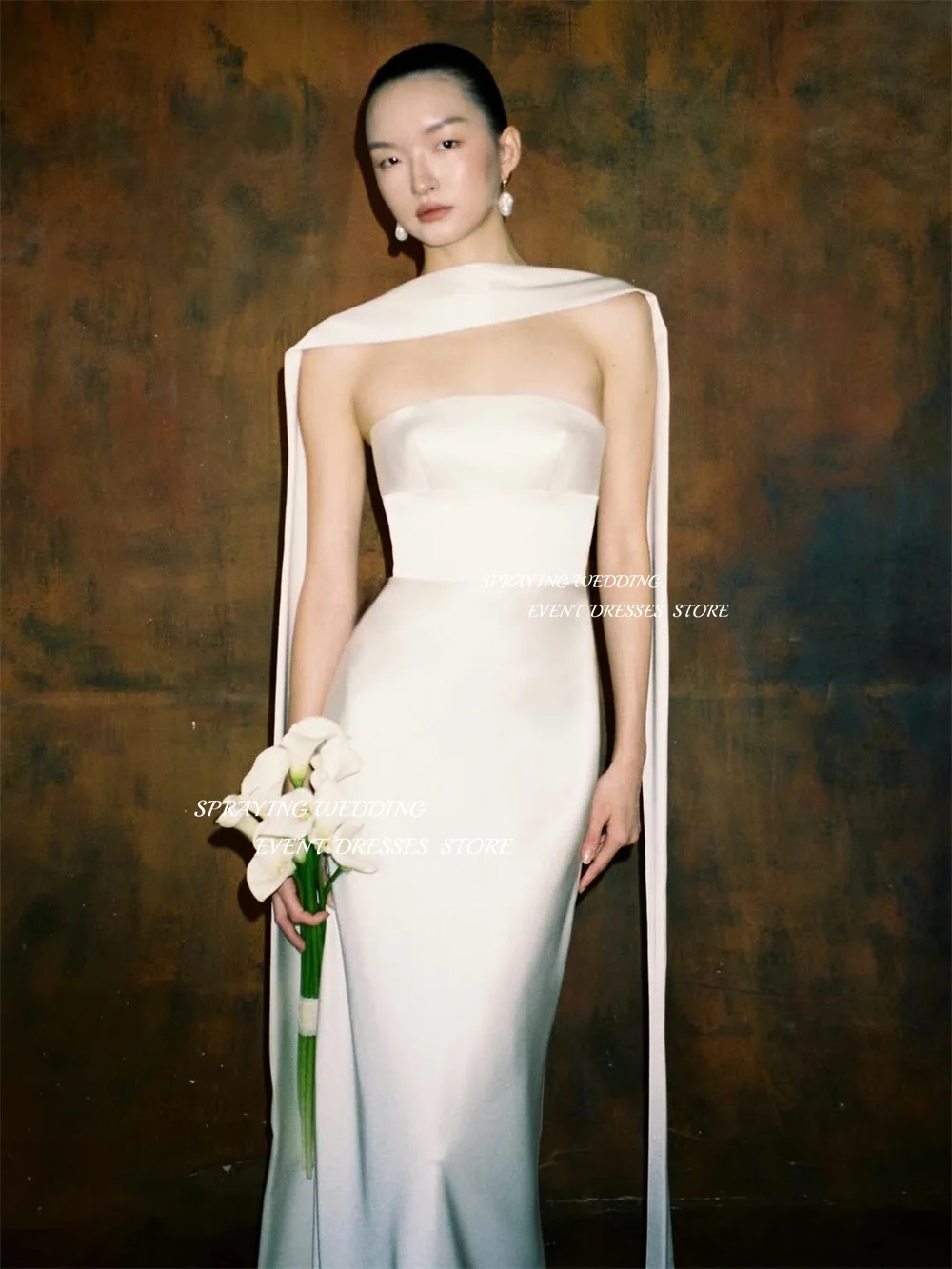 SPRAYING Elegant Champagne Satin Wedding Dress Strapless Sleeveless Bridal Gowns Mermaid Long Wedding Party Dress Customized