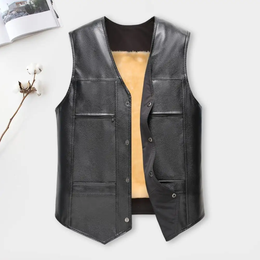 Men Sleeveless Vest Men\'s Faux Leather Motorcycle Vest Stylish Single Breasted V-neck Sleeveless Jacket for Warm Autumn Winter