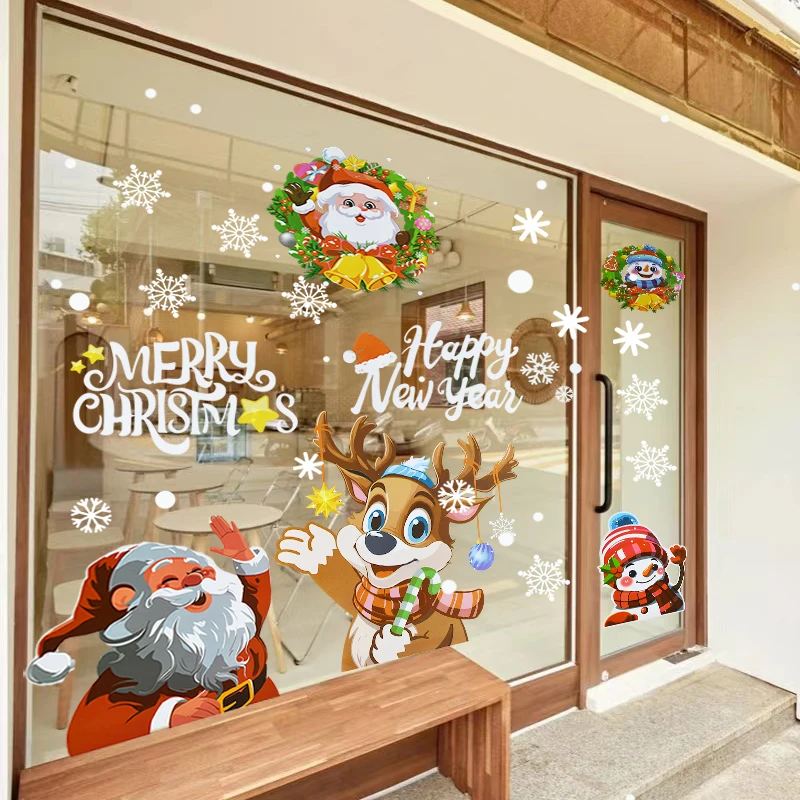 Christmas Window Stickers Santa Snowman Elk Snowflake PVC Glass  Window Decal For Home Shopwindow Ornament Xmas Navidad New Year