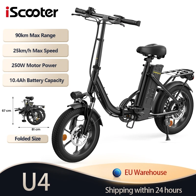 Vélo électrique IScooter U4 pour adulte, vélo électrique de ville 16'', moteur 250W, batterie lithium amovible 36V10.4AH, vélo électrique pour trajets domicile-travail