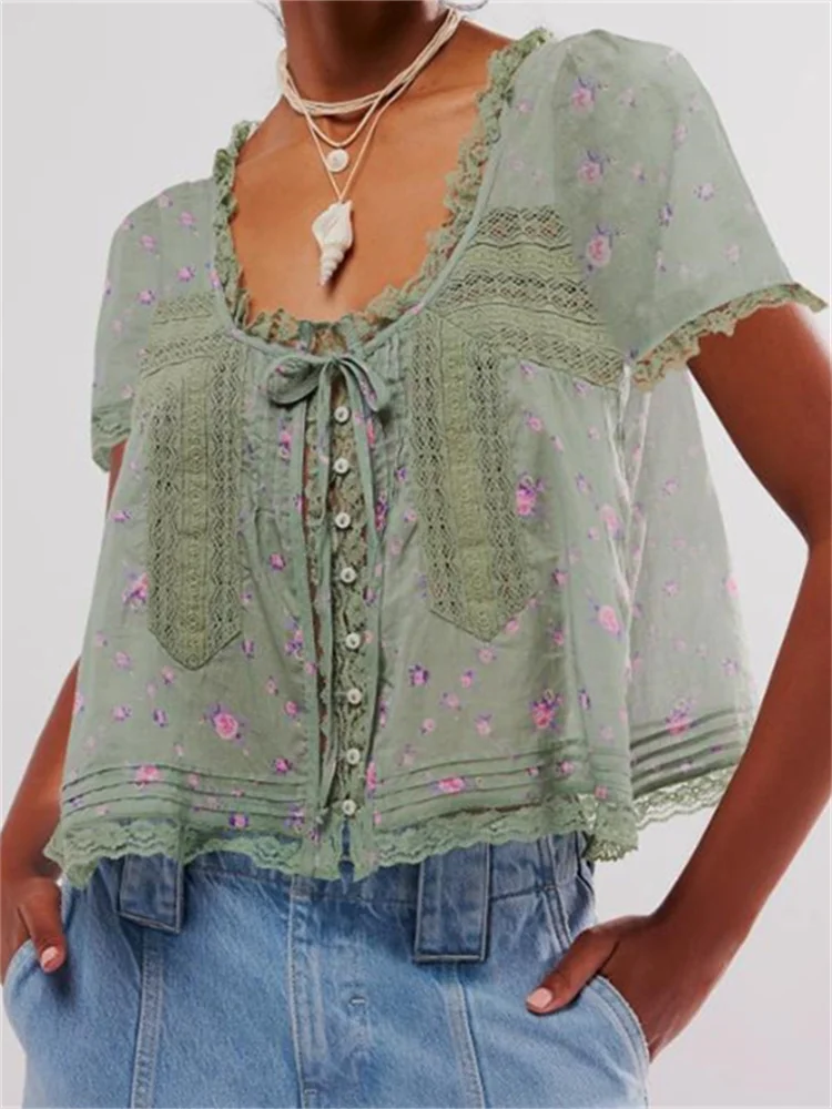 CHRONSTYLE Women Short Sleeve Tops Loose Casual Lace Patchwork Button Tie-up Shirts Floral Aesthetic Blouses Streetwear 2025 New
