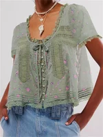 CHRONSTYLE, Tops de manga corta para mujer, camisas holgadas informales de encaje con retazos y botones, blusas estéticas florales, ropa de calle, novedad de 2025