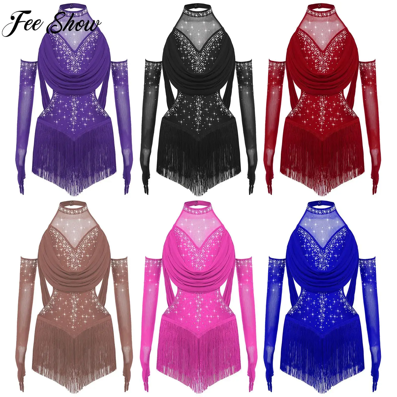 Kids Girls Lyrical Modern Dance Leotard Outfit for Child Gymnastics Jazz Latin Bodysuit with Gloves for Ballet Figure Skating