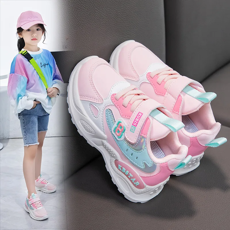 Children's Sneakers Girls Outwear Sports Shoes Lovely Pink Purple Casual Shoes Mesh Breathable Students Lightweight Running Shoe