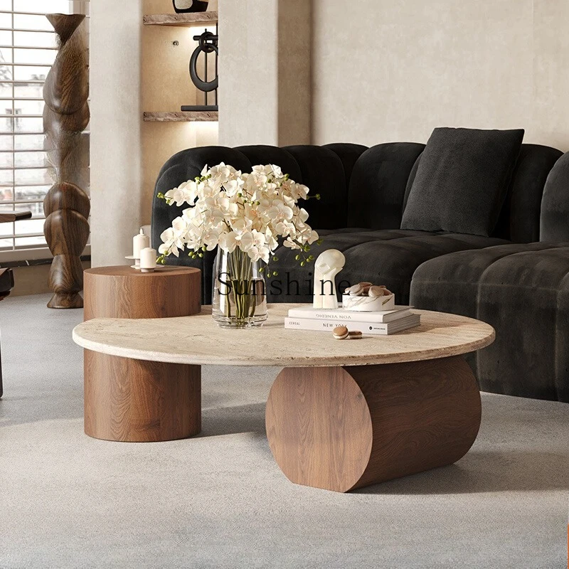 

Wabi Sabi Wind Round Light Luxury Natural Travertine Coffee Table Living Room Household