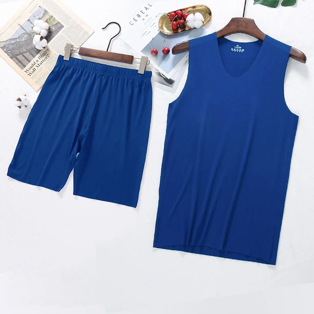 Ice Silk Sleeveless V Neck Tank Top and Shorts Set Men's Casual Sleepwear for Summer Season be comfortable and trendy