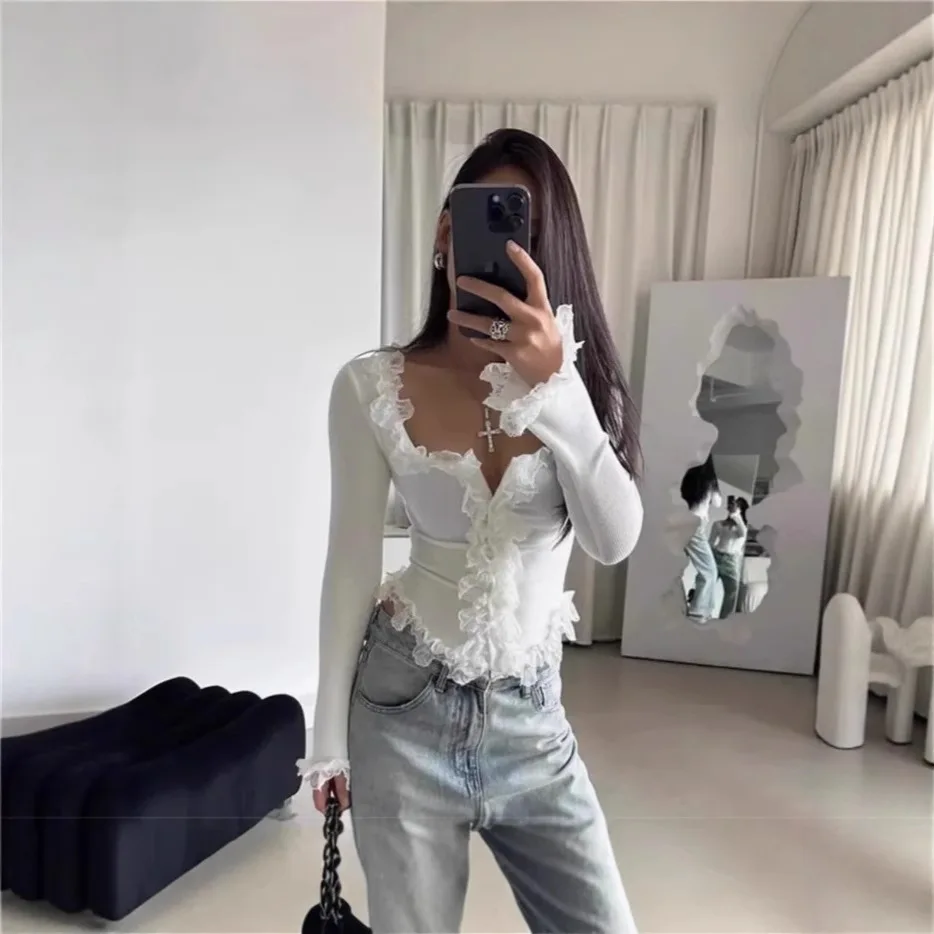 Knitted Top Women Pullover Knitting T Shirt Slim Sexy Lace Ruffles Jumper Tops Autumn Winter 2025 Casual Office Lady Knitwear - Image 3