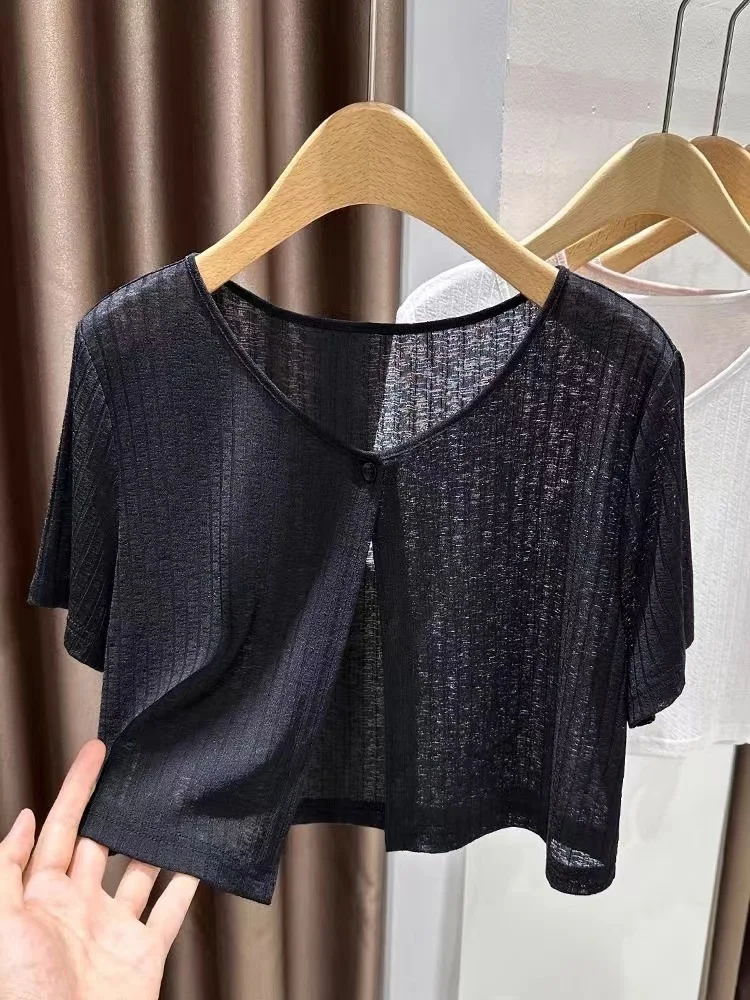 

Lightweight Knitted Cardigan Short Sleeve Summer Outerwear Women's Small Jacket with Sling Dress Cover up Chinese Style