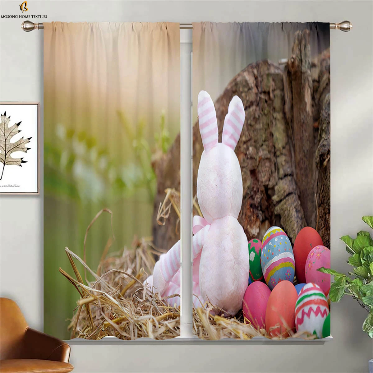 

Cute Cartoon Rabbit Colored Eggs Easter Print Curtain Bedroom Living Room Children's Room Decorative Curtain 2 Pieces