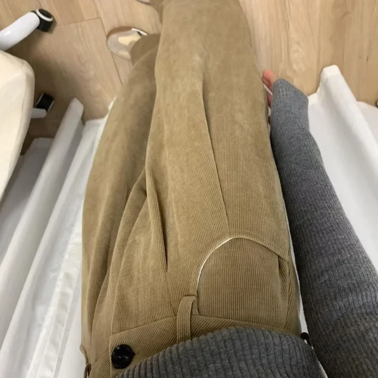 الكاكي بنطال ذو قصة أرجل واسعة المرأة الخريف الشتاء جديد الأمريكية عالية الخصر التخسيس الورك تغطي فضفاض سروال قصير غير رسمي