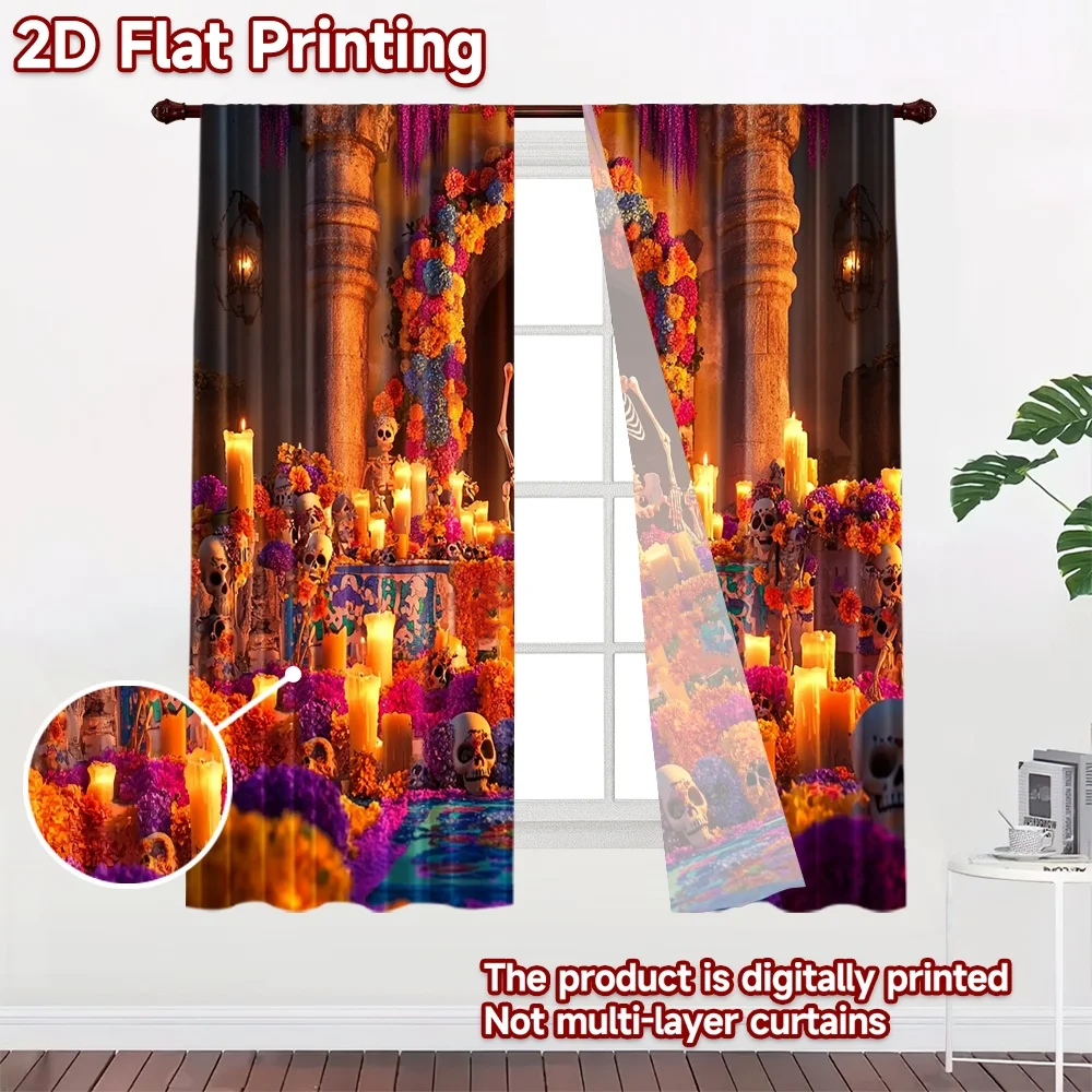 2D flat 2pcs Curtain Retro Country Style Day of the Dead Altar Durable polyester fiber Holiday Decorations Use for Living Room