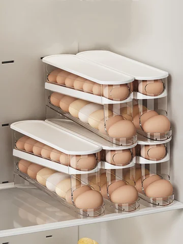 Bilayer Fridge Egg Storage Box Automatic Rolling Eggs Holder Rack Ladder Style Refrigerator Eggs Dispenser Egg Organizers Holder