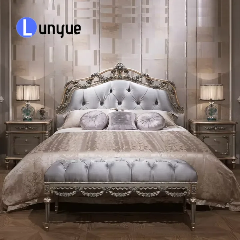 Luxury French Style Antique Classic Solid Wood Carved Flower Bed Stool with Silk Fabric Upholstery for Bedroom Furniture