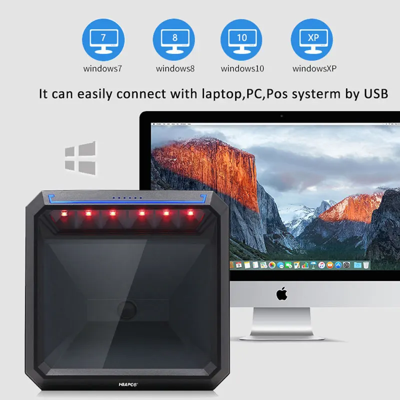 HBAPOS 2D QR Codes Decoder, Omnidirectional Desktop Barcode Scanner Automatic Hands-Free Platform 1D Reader for POS PC Windows