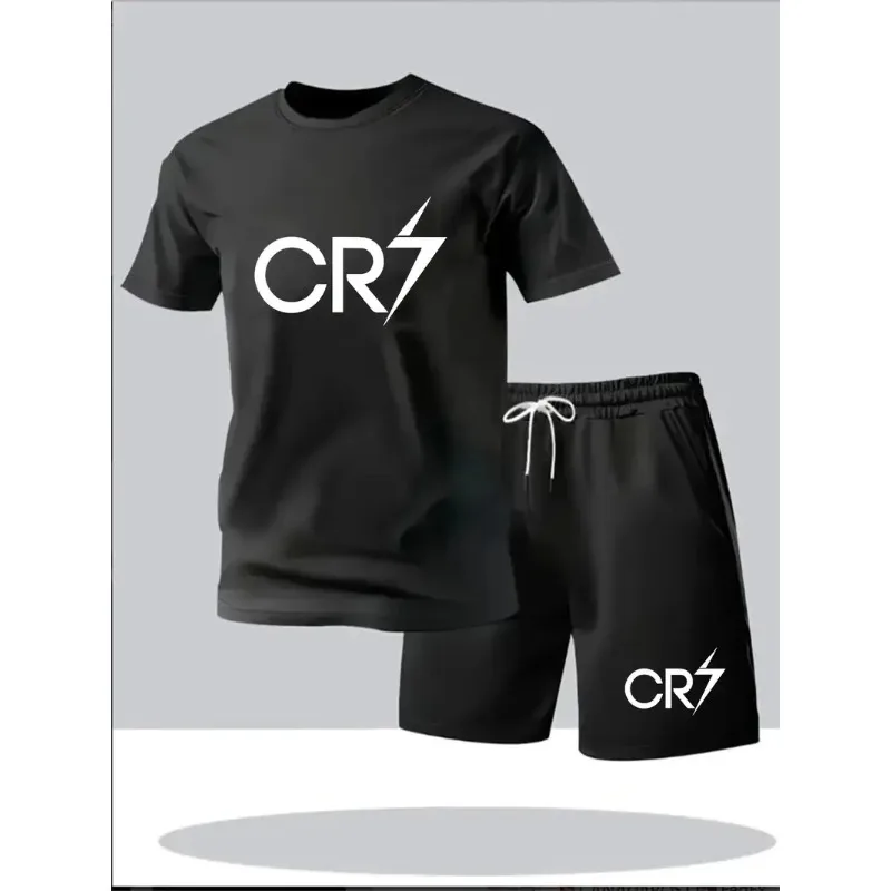

European size Summer Fashion Trendy Casual Sports Run Set Youth Men's Short sleeved T-shirt+Shorts Two Piece Suit