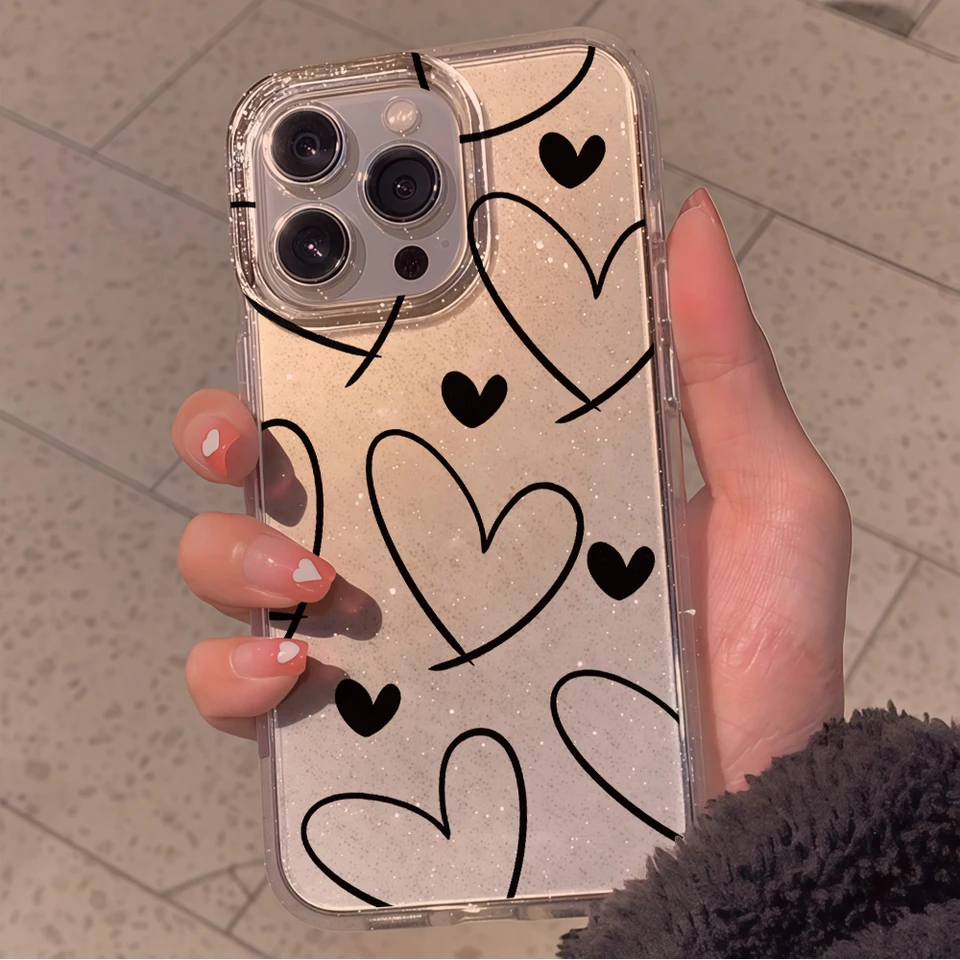 Funda de silicona Y2K con corazón y glitter para iPhone 17 15 16 11 12 13 14 Pro Max Plus, transparente suave y resistente a golpes 2