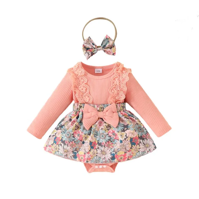 

Newborn Baby Clothes Girl Skirt Rompers Costume Long Sleeve Floral Dress Bodysuits with Hairband Infant Outfits 0-18 Months