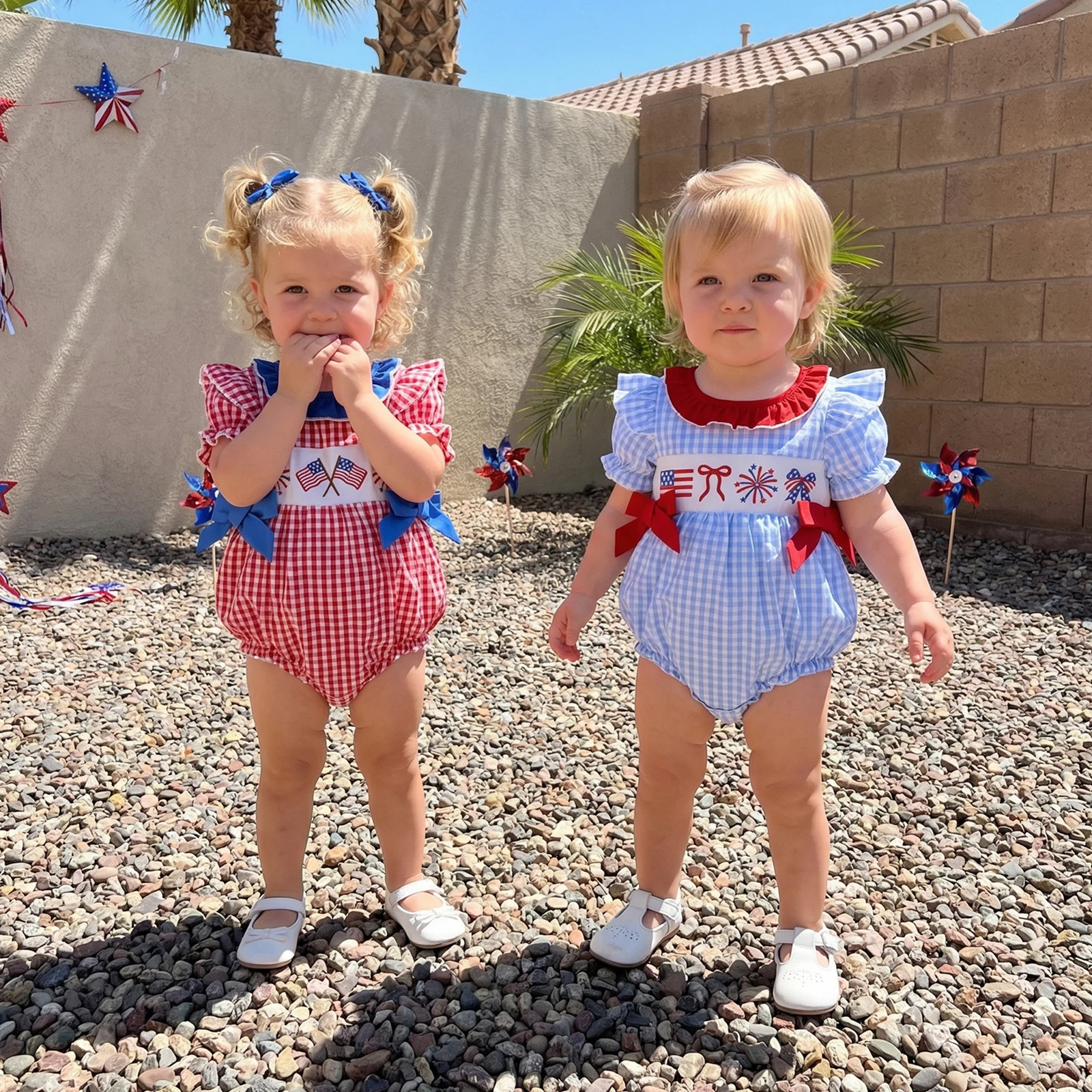 Focusnorm 0-18m adorável bebê meninas meninos dia da independência macacão bandeira fogos de artifício bordado manga curta tripulação pescoço xadrez bodysuit