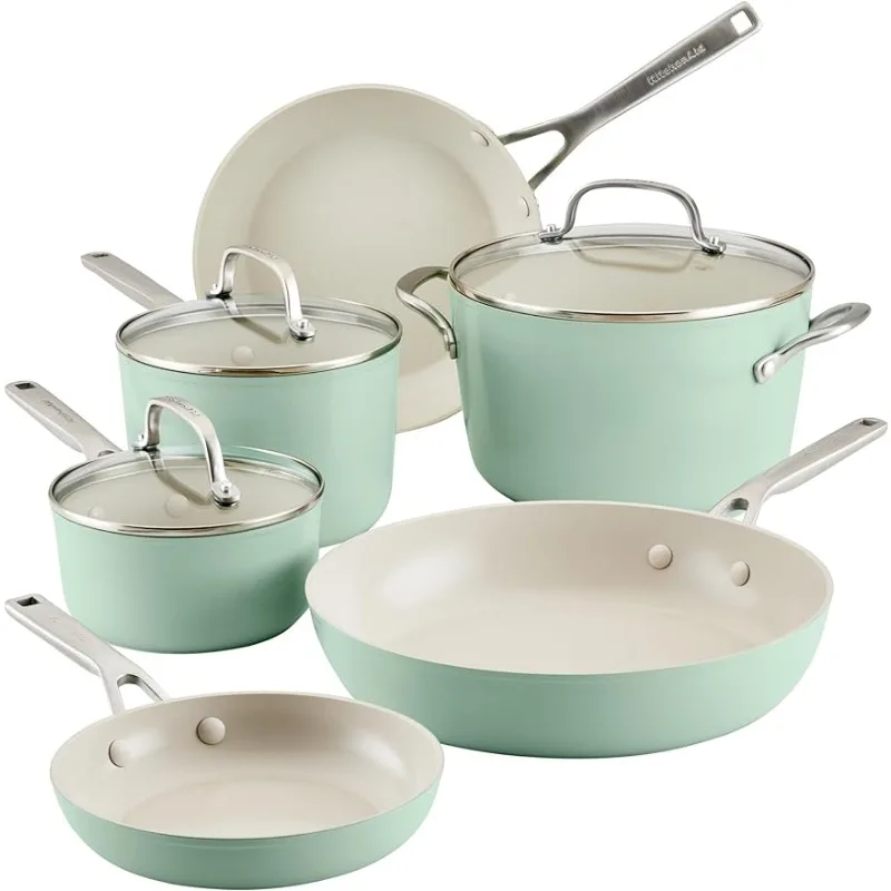 

Hard Anodized Ceramic Ceramic Nonstick Cookware Pots and Pans Set, 9 Piece - Pistachio