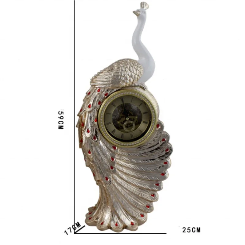 Home Decoration Animal Ornaments Artificial Gold /Silver Plated Resin Figurine Sculpture Large Peacock Table Clock Statue