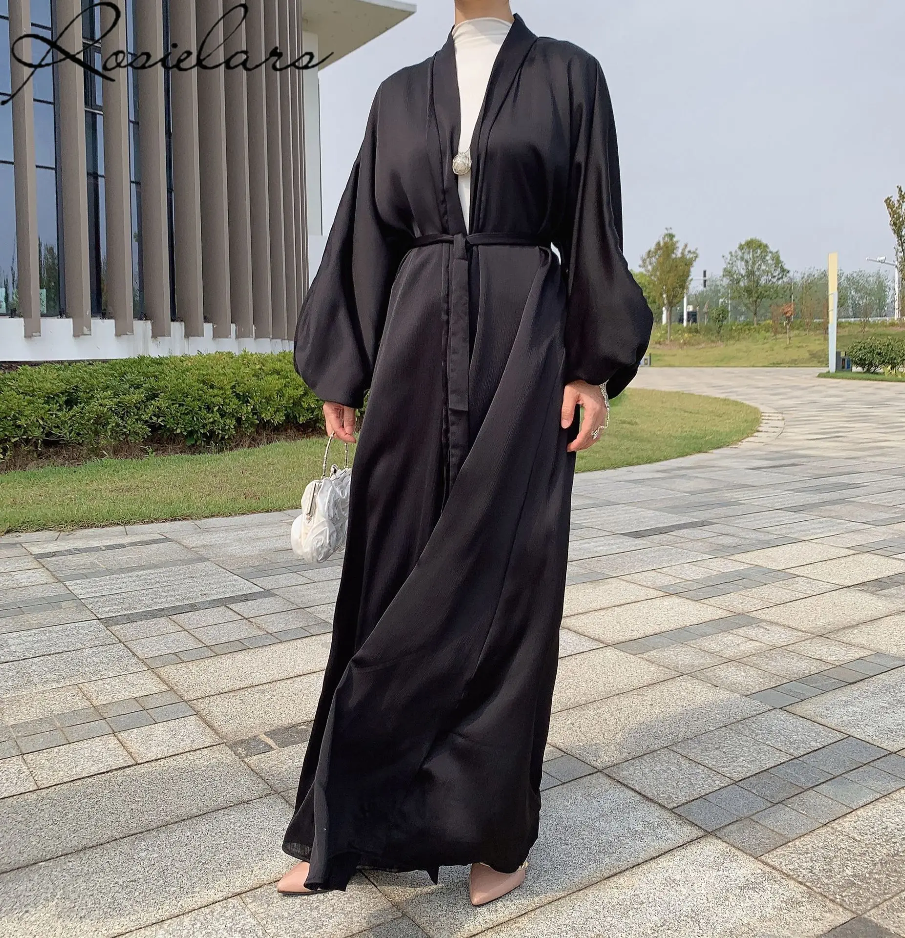 

Autumn Woman Bubble Satin Cardigan Robe Dubai Long-sleeved Dress Turkey Clothes Tops For Muslim Women Turkish Tunic Muslim Coat