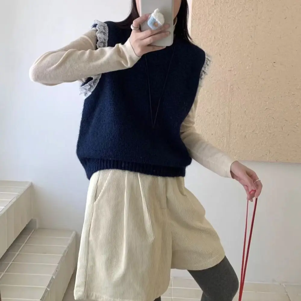 

Round Neck Lace Sleeveless Sweater Pullover Korean Style Knitted Waistcoat Top Sweet Solid Color Knitwear Women Autumn Winter