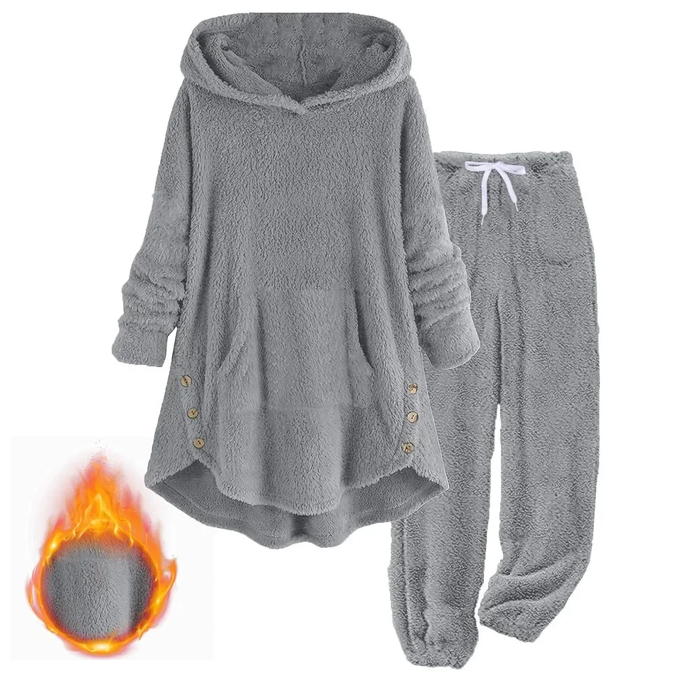 

Autumn Winter Plush Hooded Sweatshirt Trousers 2 Piece Set Women's Soft Warm Home Clothing Casual Hoodie Long Pants Suit