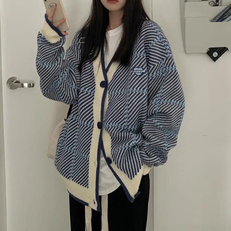 Plaid Cardigan Women Knitwear Elegant Stylish Ulzzang Baggy Long Sleeve Vintage Fashion Mujer Ropa Кардиган Женский All-match