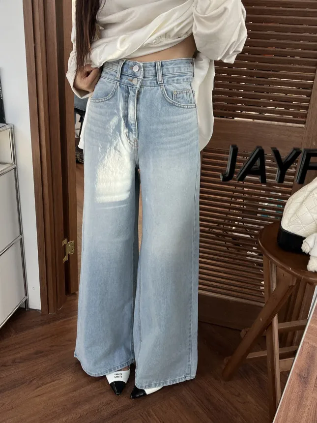 

Retro High Waist Loose Wide Leg Jeans Women's Slimming Two Button Design Leg Lengthening Straight Tube Flared Long Trousers