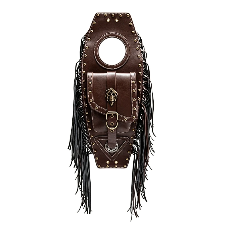 Bolsa para depósito motocicleta con apariencia PU marrón U75F, con forma ataúd y flecos, bolsa bolsillo frontal para