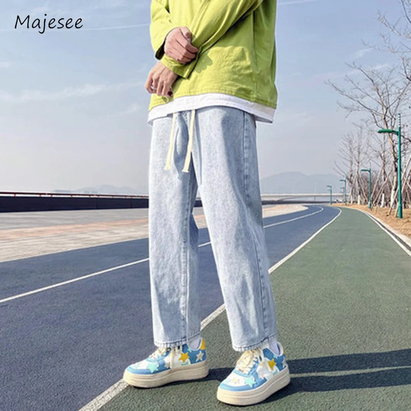 

Jeans Men Elastic Waist Casual Loose Ankle-length Solid Summer Daily Streetwear Trendy Japanese Style All-match Basic Trousers