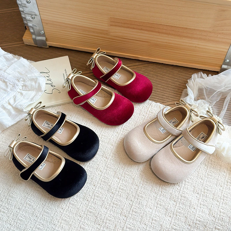 Spring Autumn Toddler Girls Velvet Mary Jane Shoes Bow Decor Hook Loop Round Toe Non-Slip Soft Sole Daily Walking Shoes