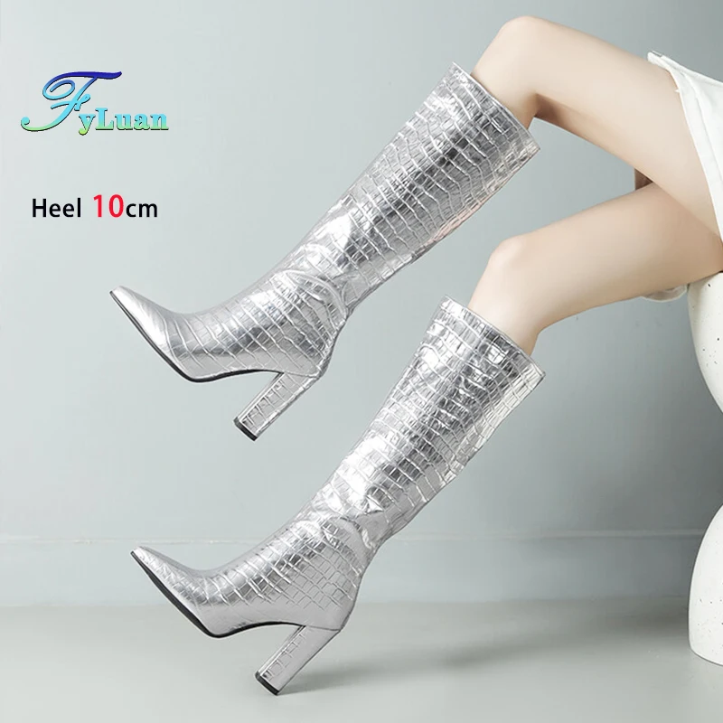 

10CM Thick Heels Knee Long Boots Women 2025 New Gold Silvery Autumn Winter Shoes Patent Leather Crocodile Pattern Pointed Boots