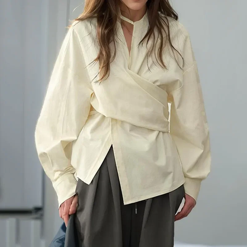 

Elegant Long Sleeve Solid Blouses Women Single Tight Waist Criss Cross Shirt Casual Turn Down Collar Shirts Office Lady