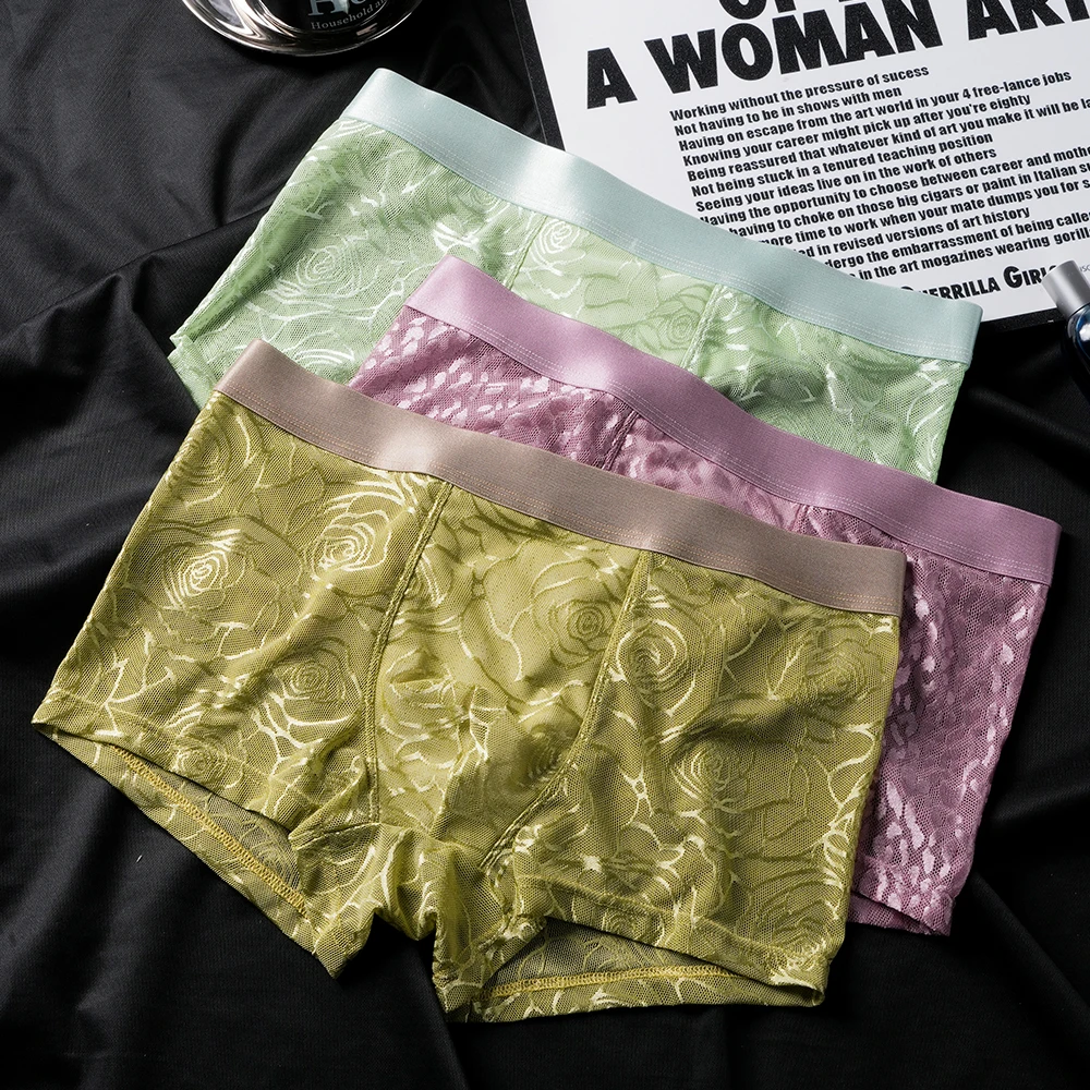 

3PCS/Pack Cool Thin Ice Silk Rose Knit Hollow Out Man Undrewear Super Breathable Mesh Crotch Boxers High Elastic Men's Panties
