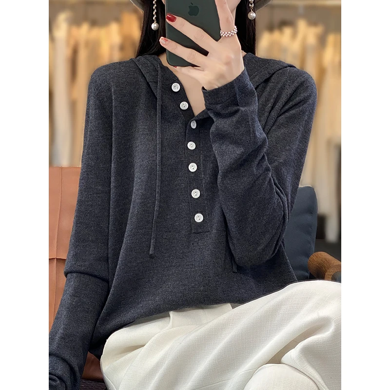 Hooded Sweater for Women, Simple Knitwear, Thin Knitted Wool, Loose Sweater Bottom, Spring and Autumn Fashion Week, 2024