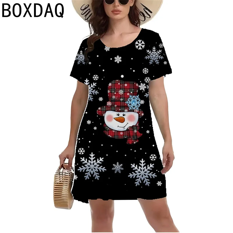 Nowa damska sukienka na imprezę świąteczną 3D Snowman Elk Printed Dress Summer Short Sleeve O-Neck A-Line Dress Vestidos De Mujer