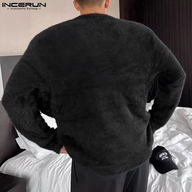 INCERUN Men\'s Sweaters Solid O-neck Long Sleeve Plush Hollow Out Knitted Male Pullovers Streetwear 2023 Fashion Men Clothing