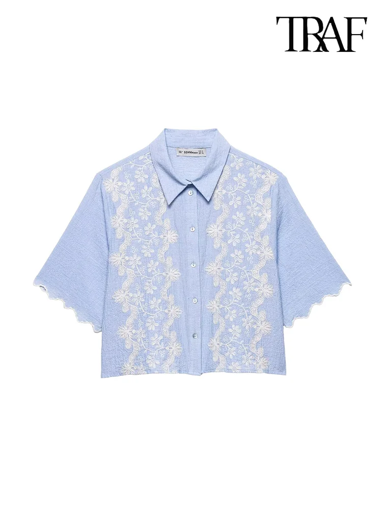 

TRAF Women's Irregular Cuff Design Single Ribbed Short Blouse Casual Retro Floral Embroidery Short Sleeve Lapel Shirt Elegant