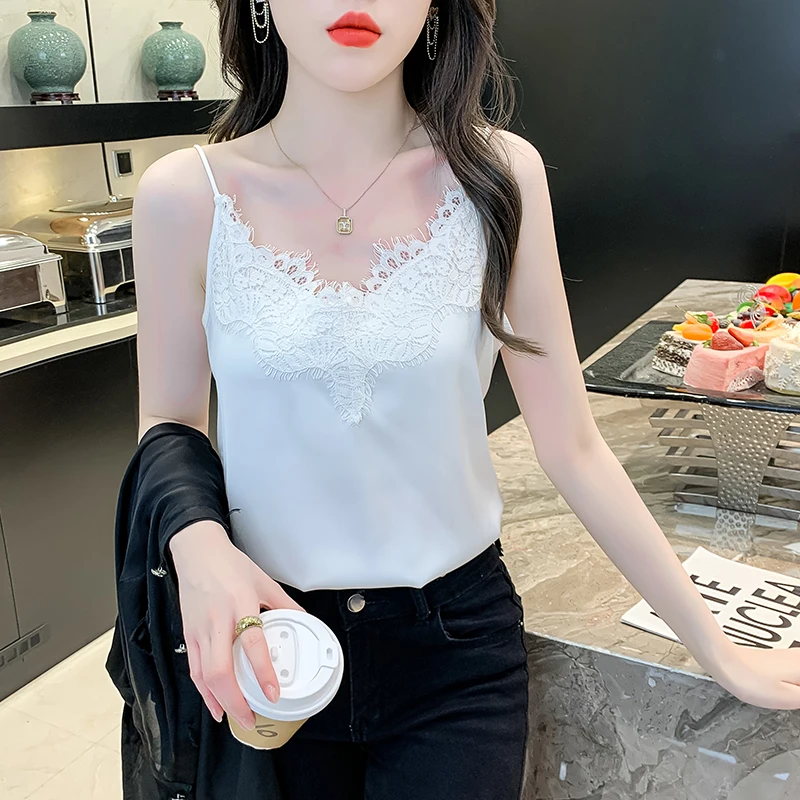 Summer Korean Fashion Silk Women Camis Streetwear Satin Sexy Tops Lace Sleeveless White Female Tank Tops Blouse OL Woman Clothes