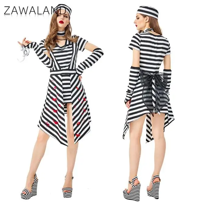 

Women Prisoner Cosplay Costumes for Holiday Party Bloodstain Printed Black White Stripe Prisoner Halloween Fancy Dress