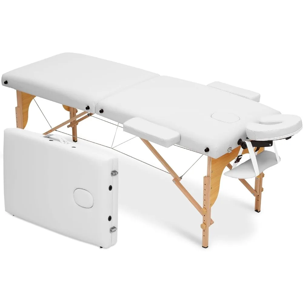 

2 Fold Portable Massage Table 82" Massage Bed Height Adjustable SPA Bed w/Carry Case Beechwood Frame Foldable Massage Table