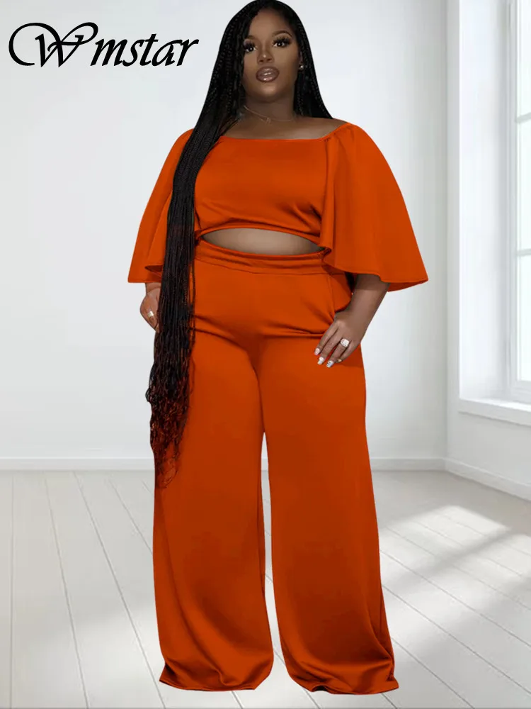 Wmstar Plus Size Two Piece Sets Women Clothing Solid Off Shoulder Tops and Pants Wide Leg Matching Set Wholesale Dropshopping