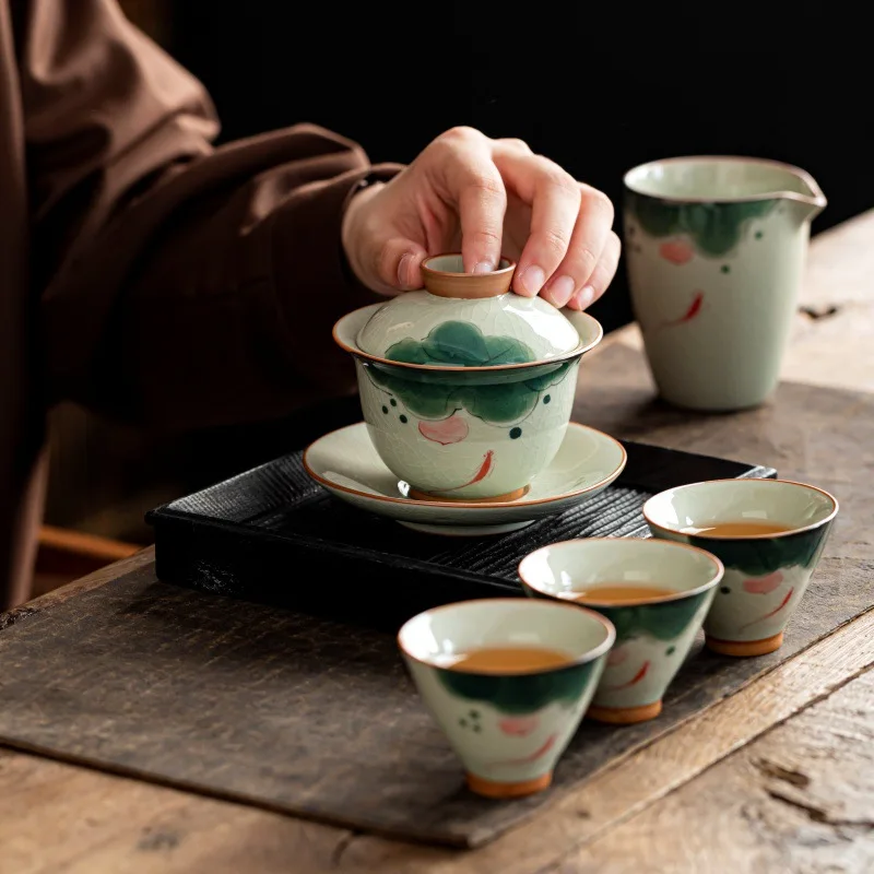 Ge Kiln Hand-painted Kung Fu Tea Set Household Ceramic Chinese Style Living Room Reception Tea Brewing Gift Box Complete Tea Set